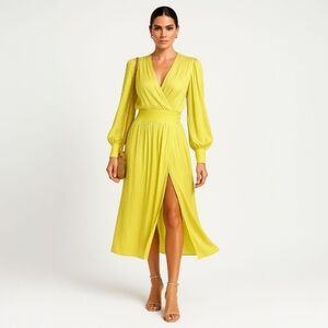 Smythe Wrap Midi Dress - Citron Yellow Slit Skirt Romantic Luxury - Size 2